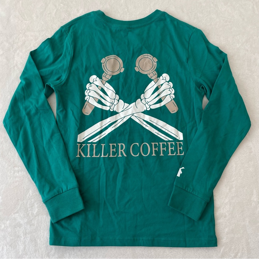 Dutch Bros Killer Coffee Long‎ Sleeve Tee Green Graphic Womens Sz S Y2K Skeleton